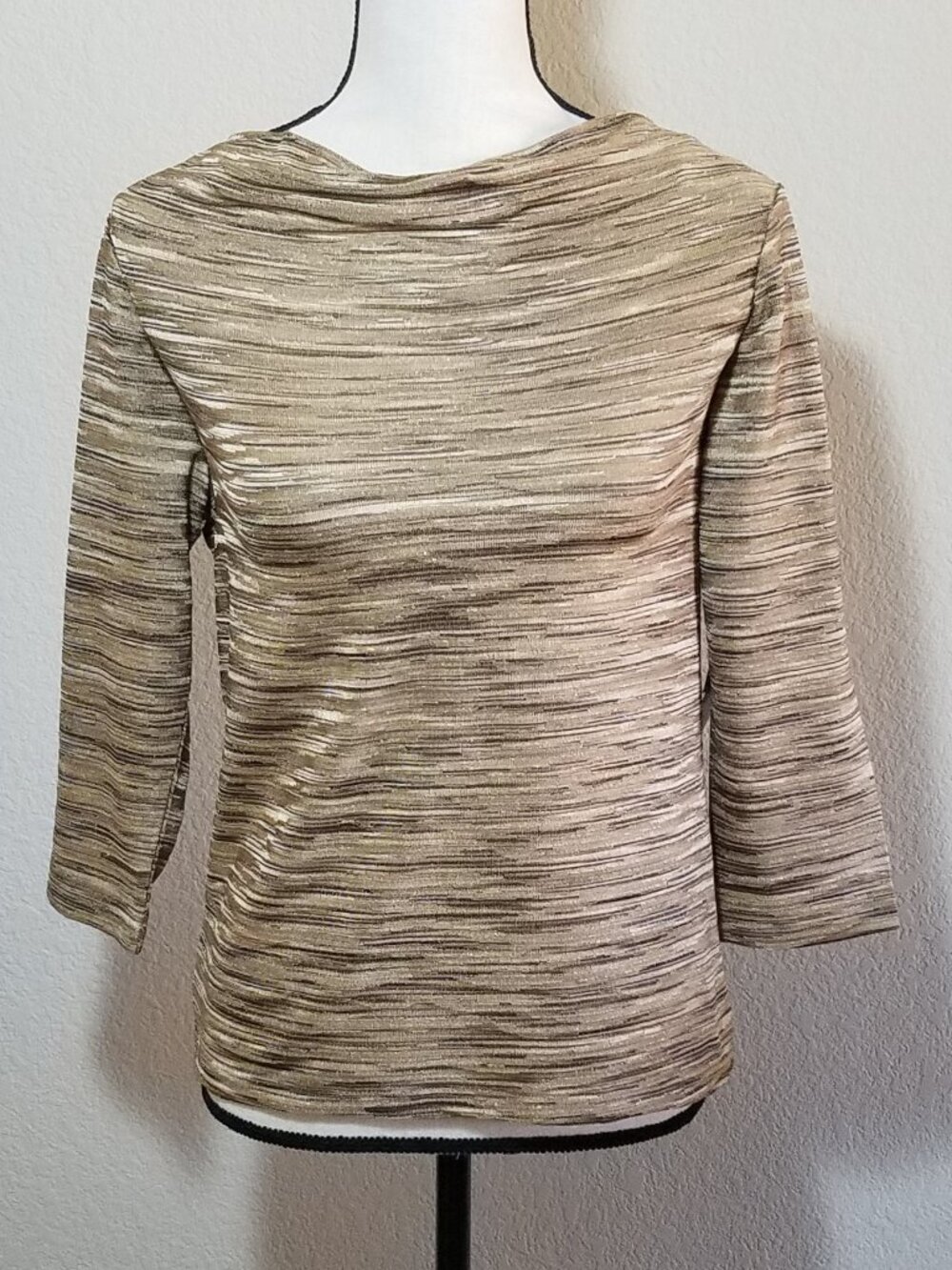 Jones New York Petite Small Blouse Gold Beige Brown 3/4 Sleeve Top SP Metallic